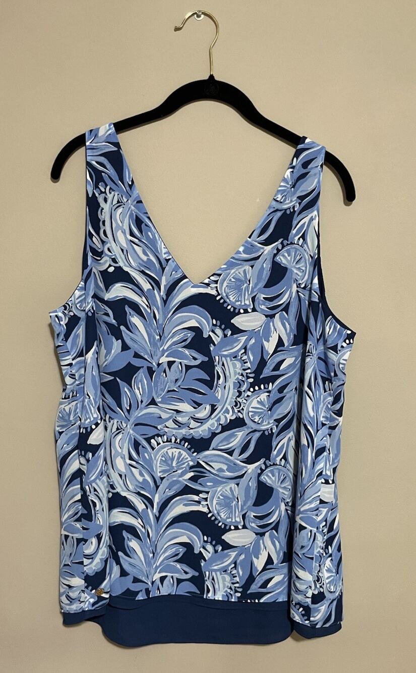 Lilly Pulitzer Florin Reversible Floral V-Neck Sleeveless Tank Top Blue - Size L